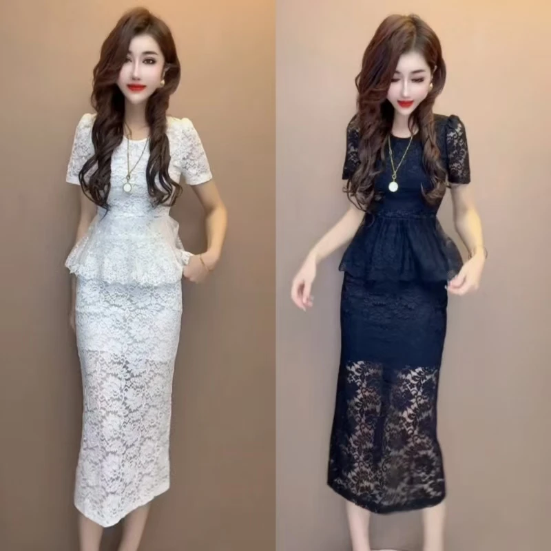 炸街网红爆款2025年夏季新款显瘦名媛气质收腰蕾丝衫连衣裙显瘦女