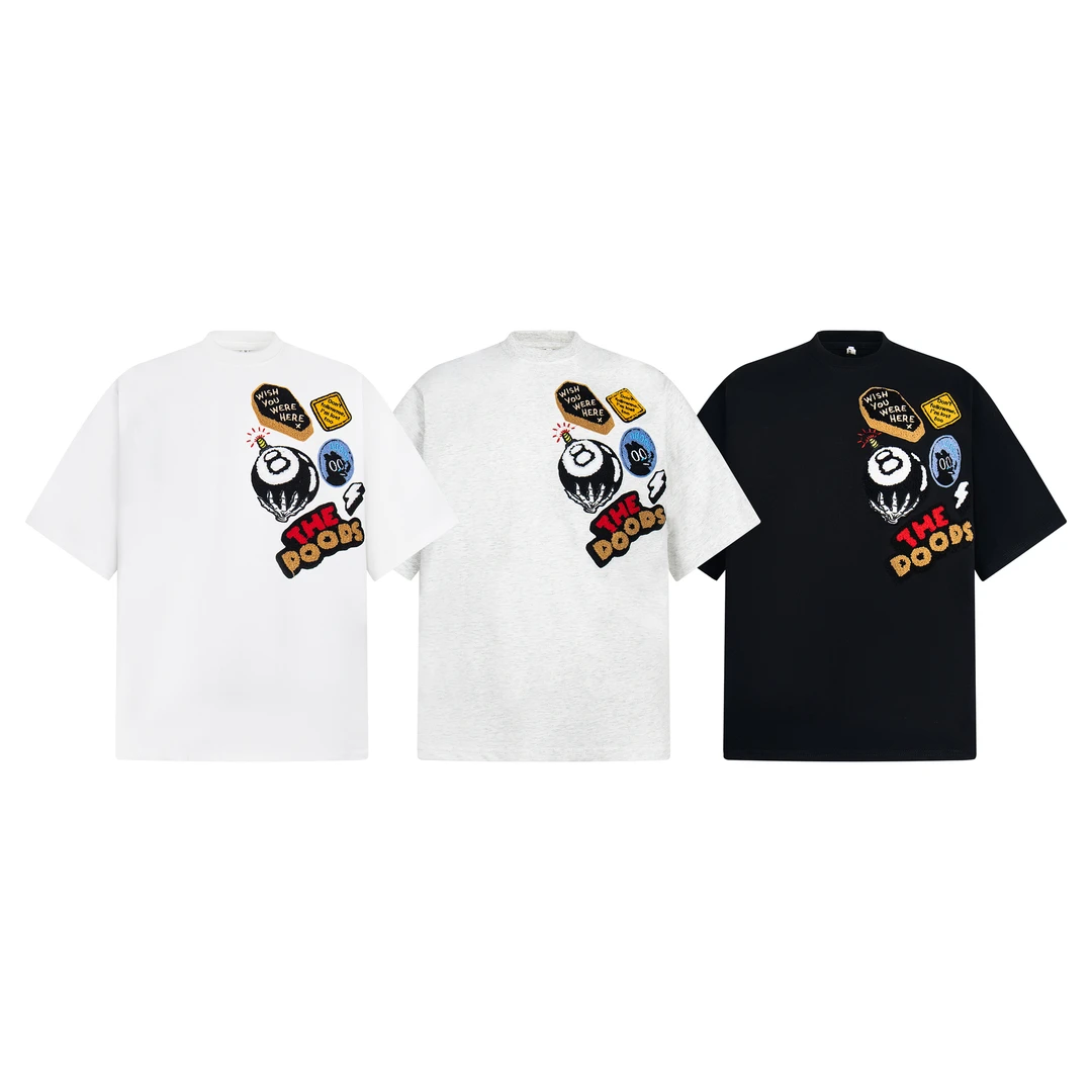 美式复古立体植绒刺绣印花280g克圆领纯棉男女同款宽松短袖T恤