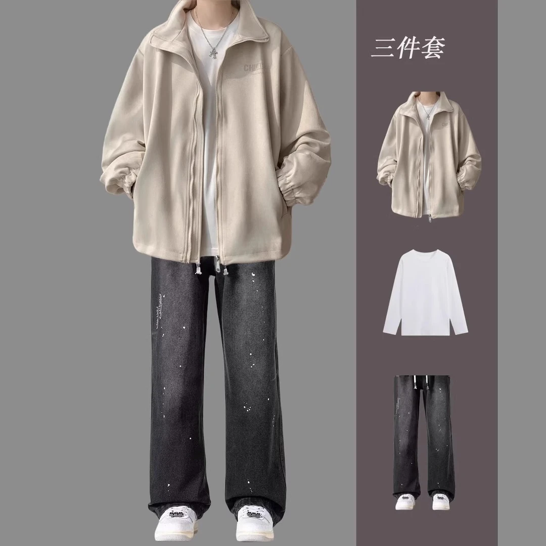 美式复古麂皮绒外套男套装春秋季潮牌韩版嘻哈痞帅高级感夹克休闲