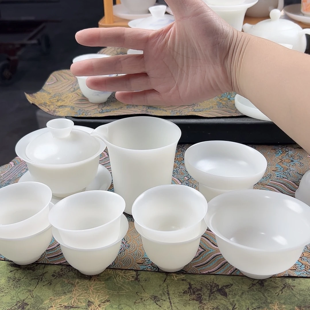 无***^素烧璞玉元宝盖碗茶海过滤组6个60反口杯，仿古永乐杯