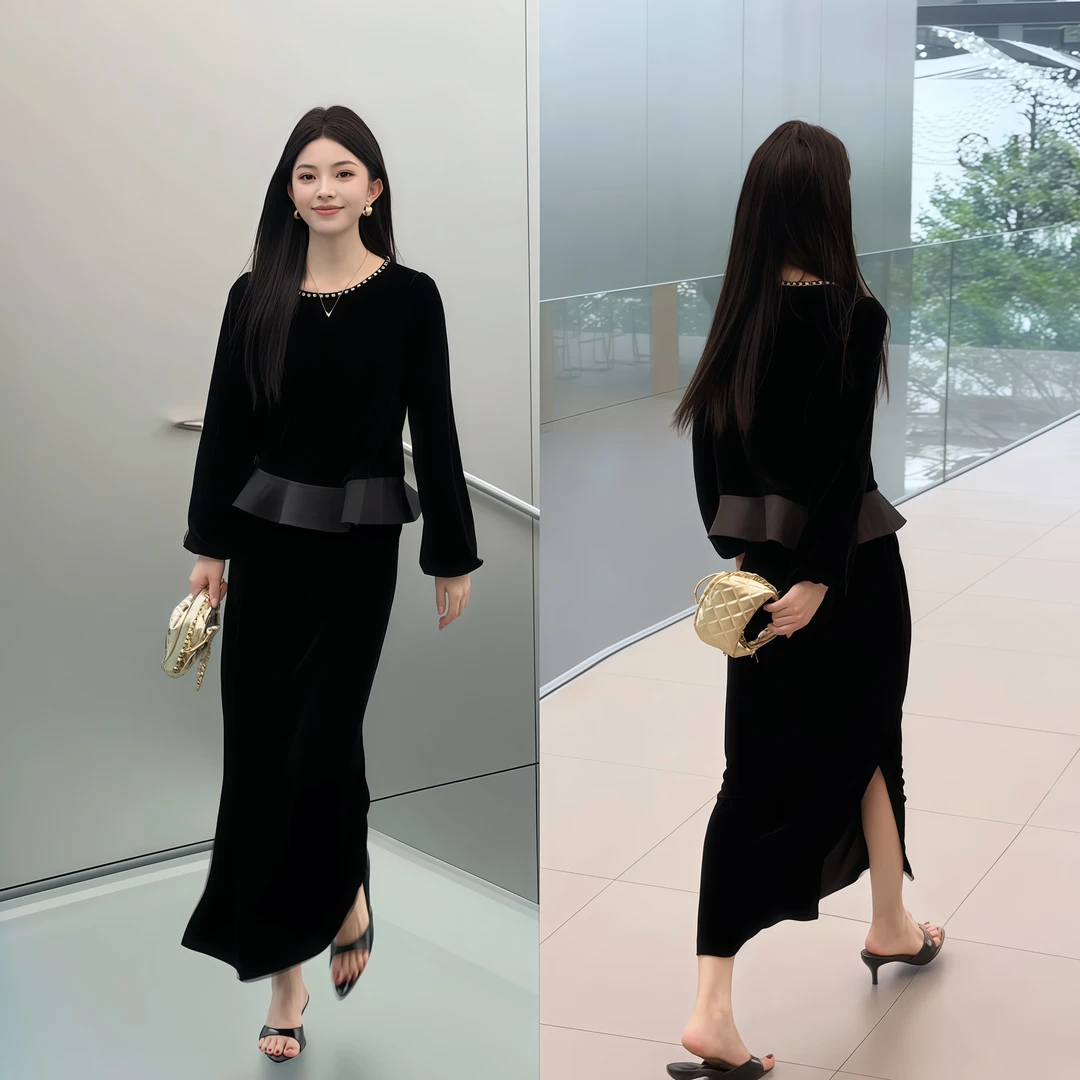 2025秋装新款时尚百搭两件套高级显瘦丝绒连衣裙套装女知性风衣服