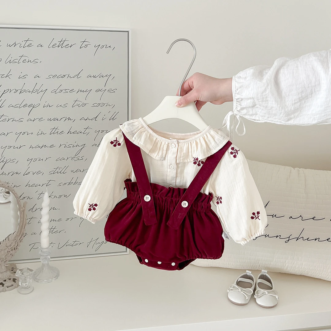 春季新款女婴韩版棉质长袖背带哈衣裤套装两件套新生儿红色洋气