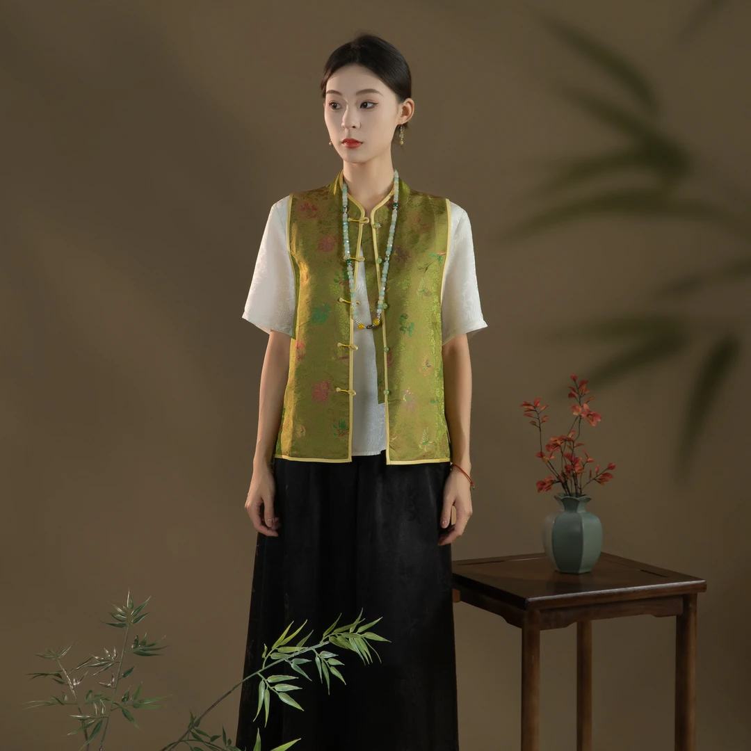 芬领-富贵祥瑞纹-桑蚕丝非遗绫罗双面异色全罗马甲无袖外套BX879