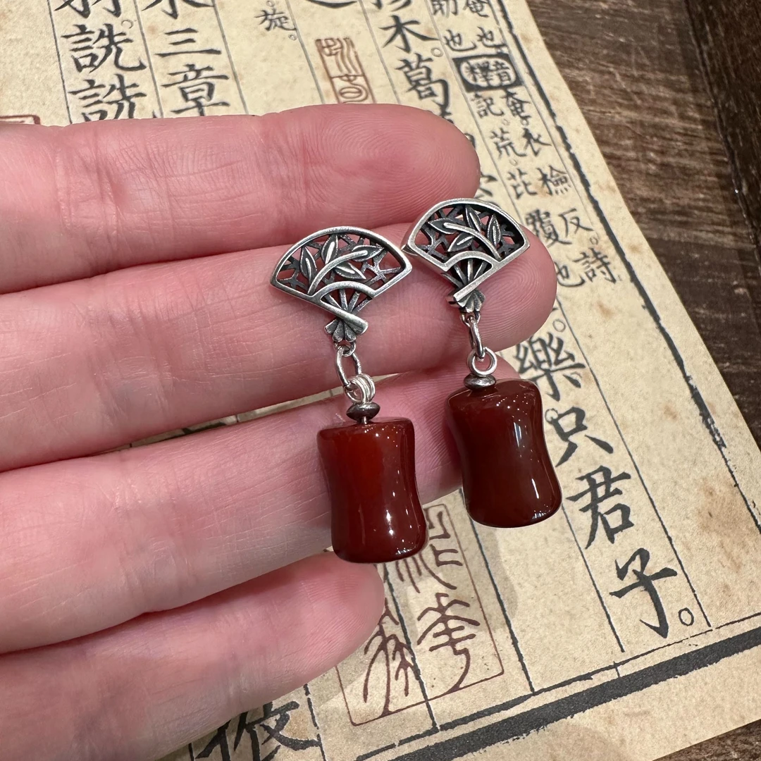E25641<非晚1>s925银红玛瑙竹节叶子扇形耳钉耳环