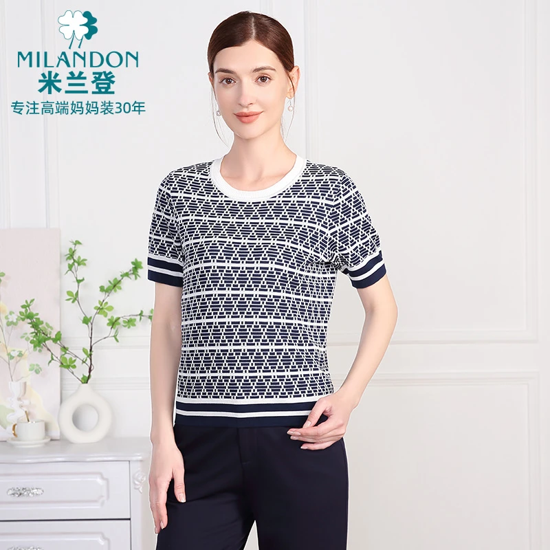 MILANDON/米兰登2025夏条纹短袖圆领针织衫薄透气上衣女1Q2W1102