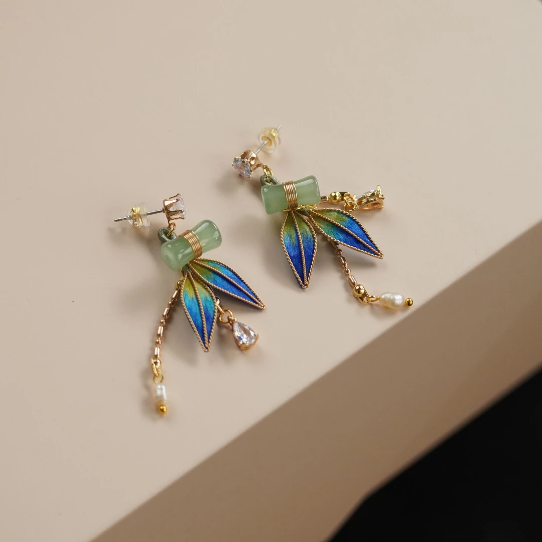 轻风竹叶耳钉耳饰非遗绒花古典中国风绒花蓝色复古旗袍耳饰中式