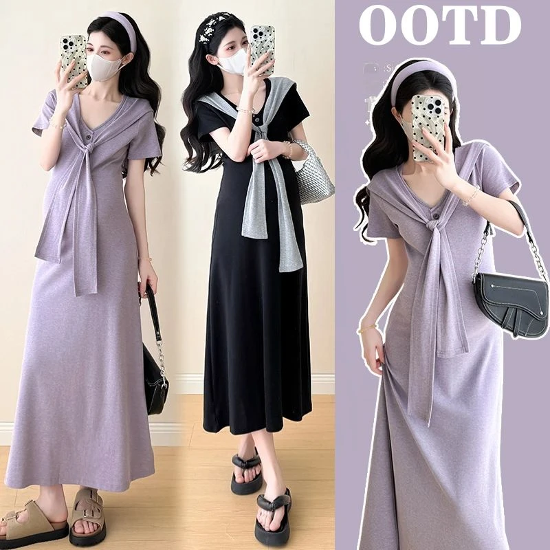 时髦孕妇休闲百搭夏季韩版时尚气质中长款针织披肩连衣裙孕妈套装