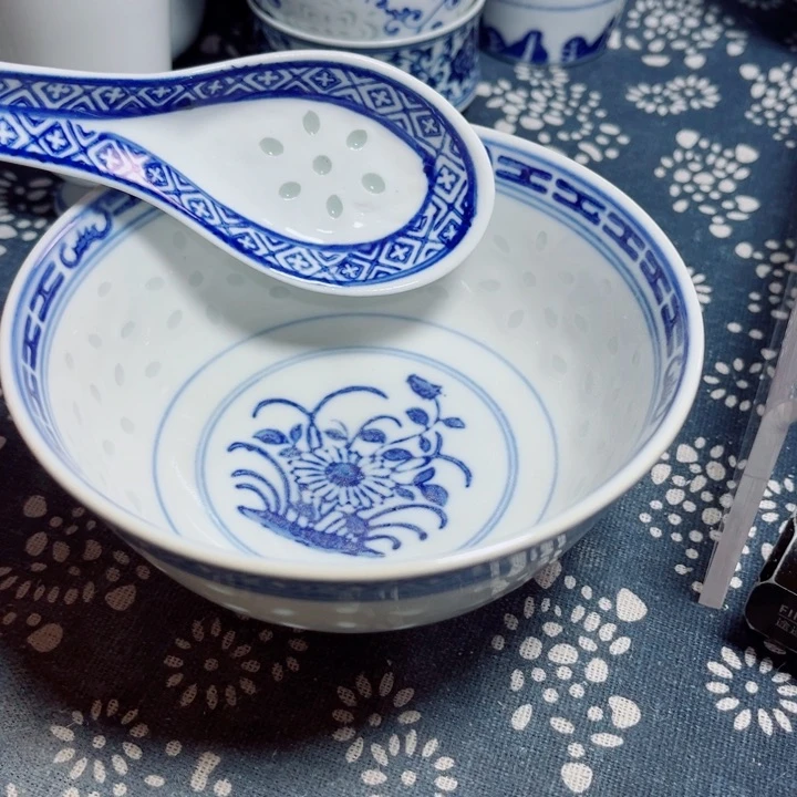 青花玲珑5寸饭碗兰花玩玉底款2个6个勺啼**鹃