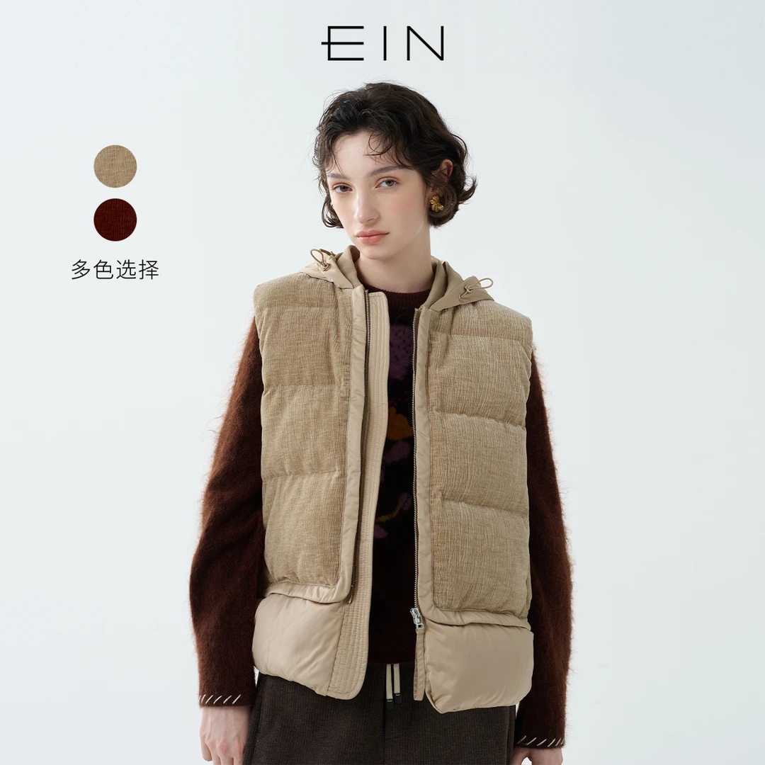 EIN/言老钱风90鸭绒撞料假两件棒球领连帽羽绒马甲2025秋冬新款
