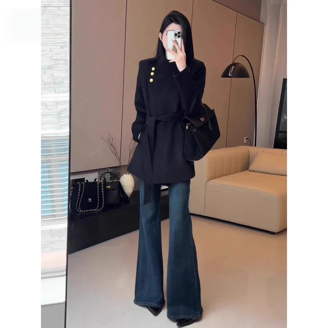 拉夏贝尔加绒深蓝色微喇牛仔裤女冬季复古不贴腿显瘦喇叭拖地长裤