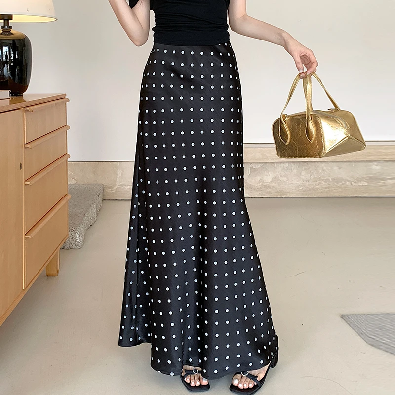 拉夏贝尔高腰垂感半身裙春夏2025新款高腰垂感气质纯色波点鱼尾裙
