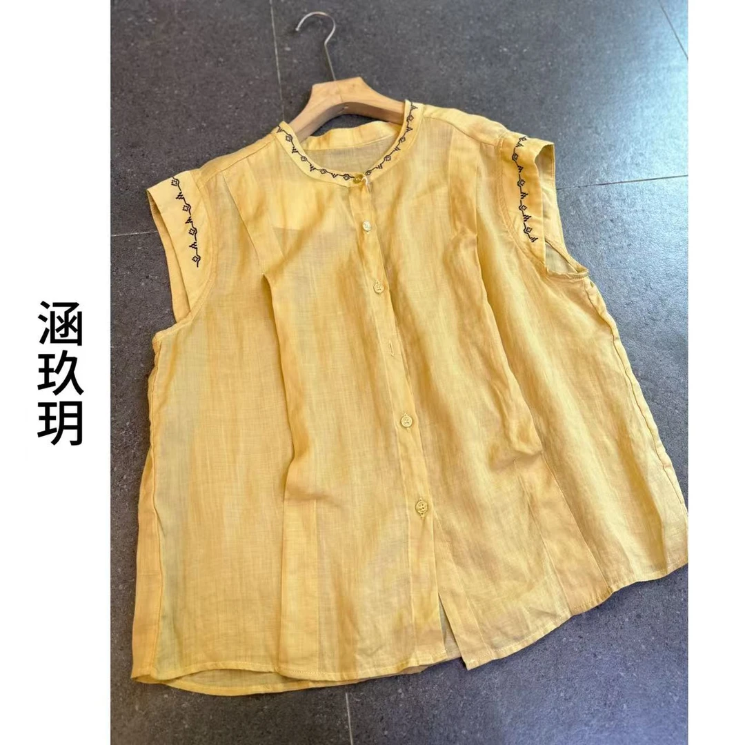 涵玖玥▪100%麻【不止夏至】不规则刺绣鱼骨显瘦上衣卡-2251