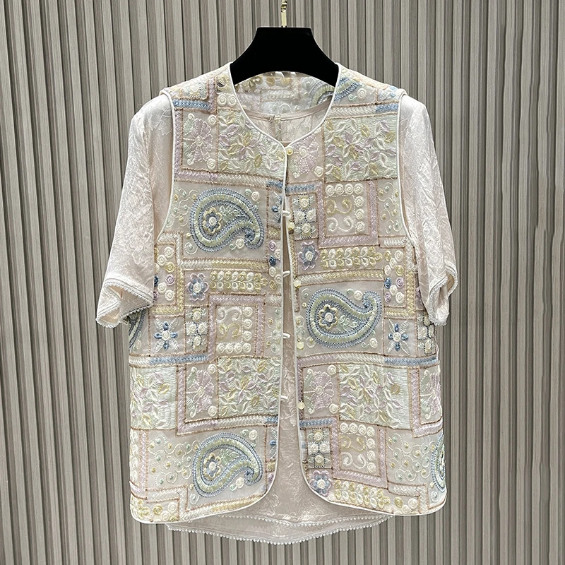 桑蚕丝马甲蕾丝时尚休闲百搭复古马夹无袖提花上衣