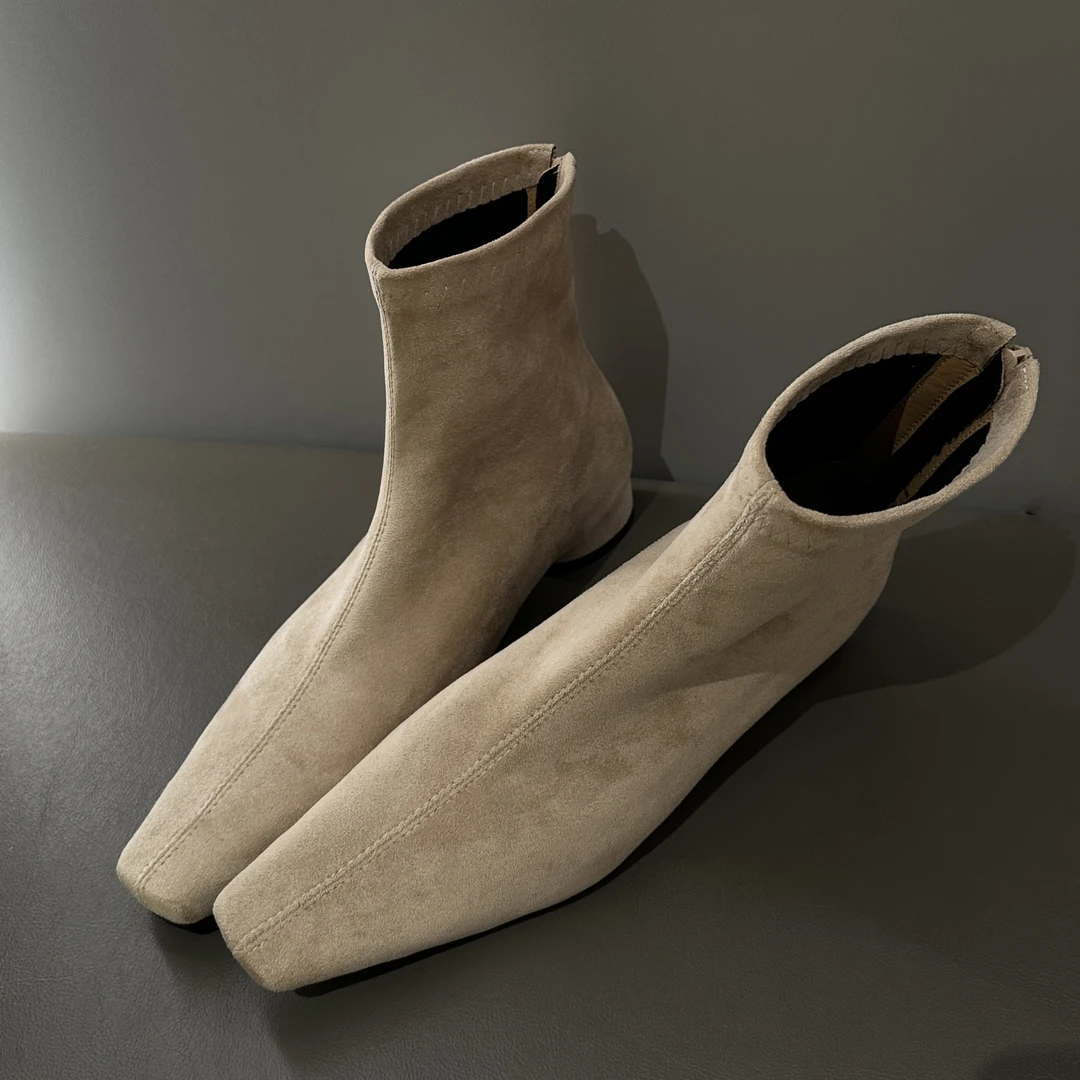 法式小短靴女2025春秋新款韩系方头瘦瘦单靴真皮平底百搭弹力踝靴