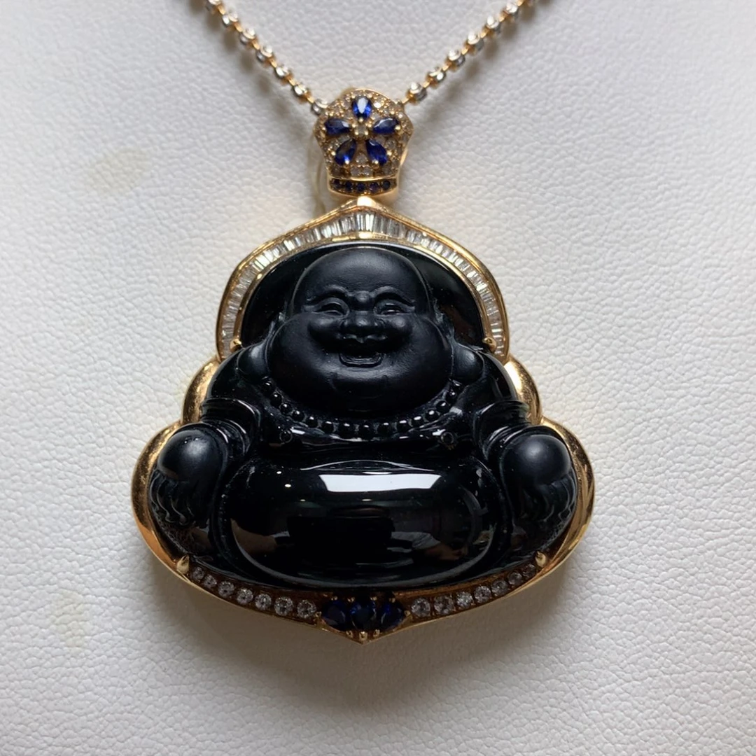 颈饰18K金镶嵌翡翠墨翠佛公