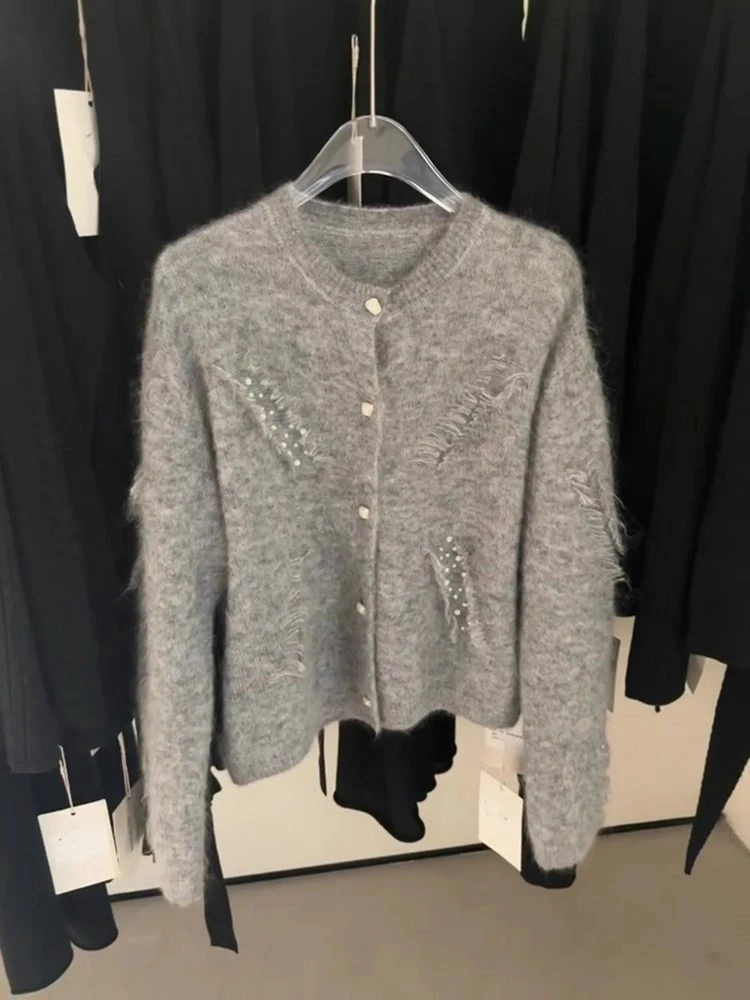 格雷系设计感圆领外套女长袖秋季新款慵懒风宽松毛衣针织开衫上衣