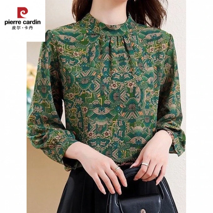 皮尔卡丹批发代发时尚妈妈装春秋季新款洋气百搭气质衬衫印花上衣