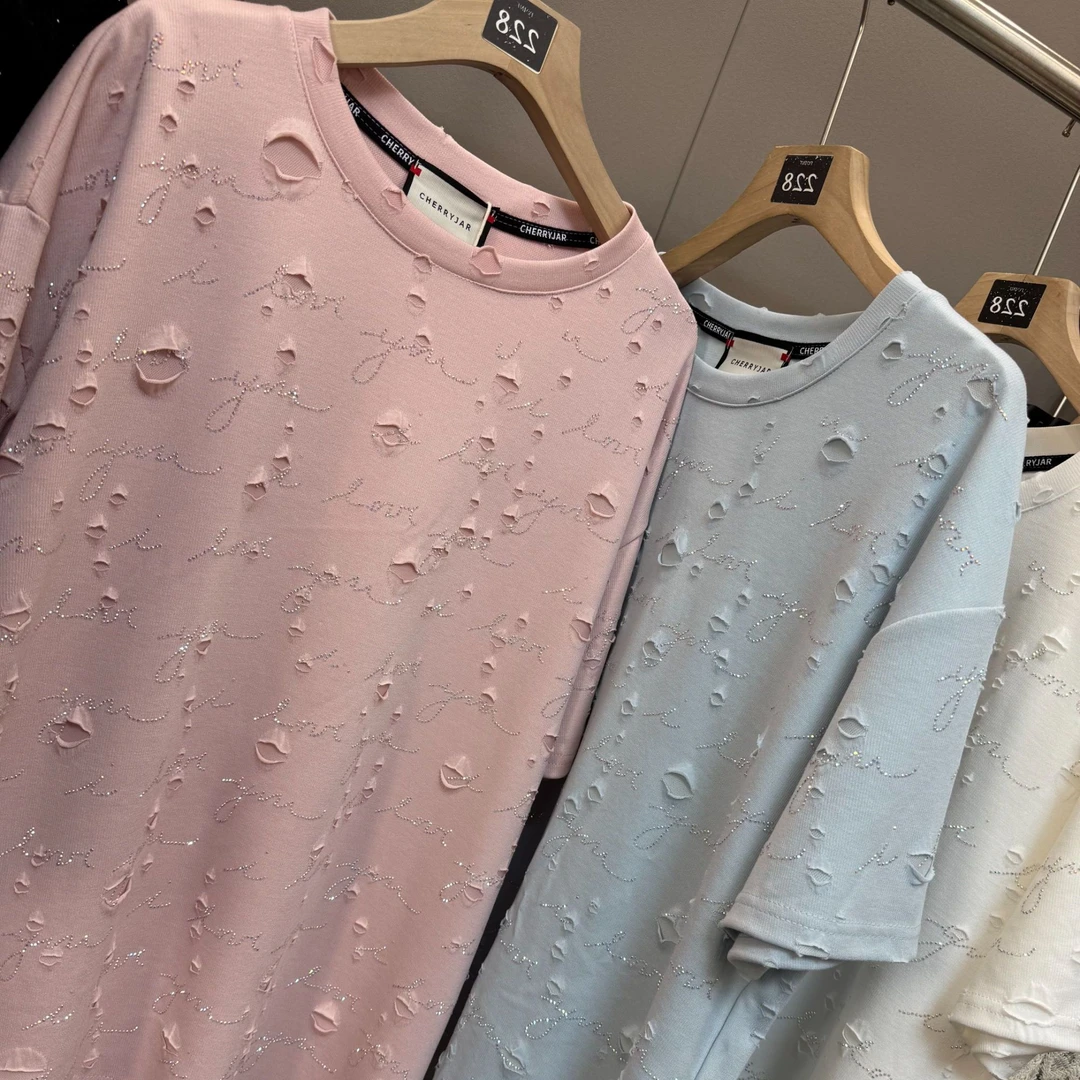 【228】2025女设计感破洞圆领短袖T恤夏