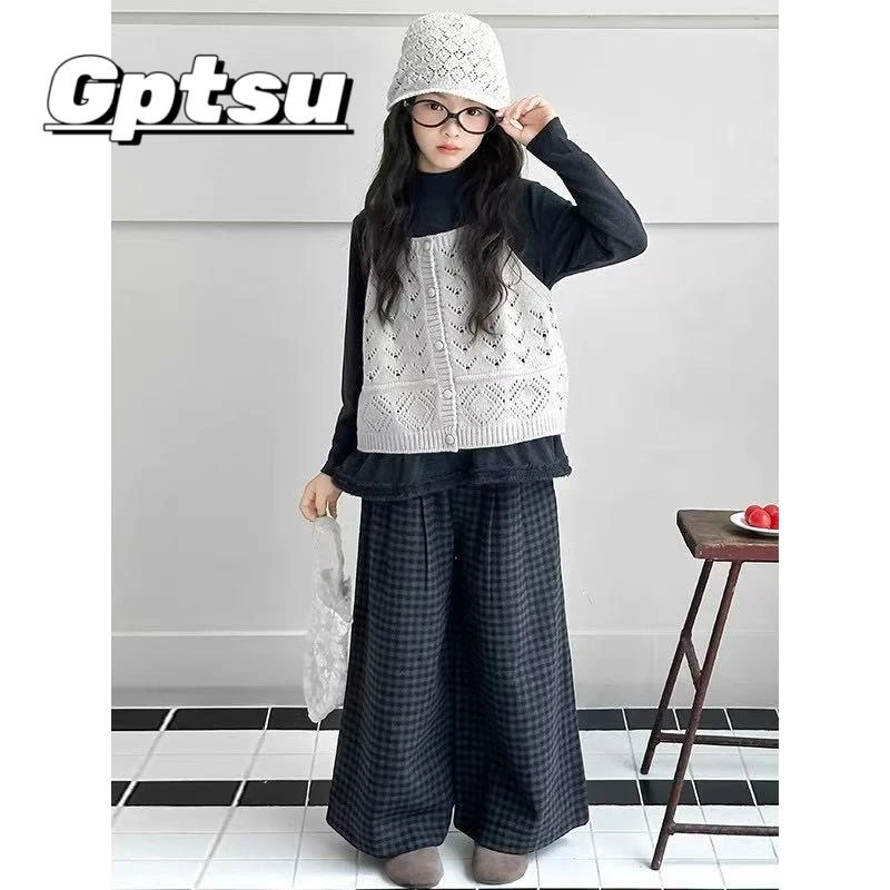 GPTSu女童针织马甲套装春秋2025新款儿童休闲装阔腿裤三件套洋气