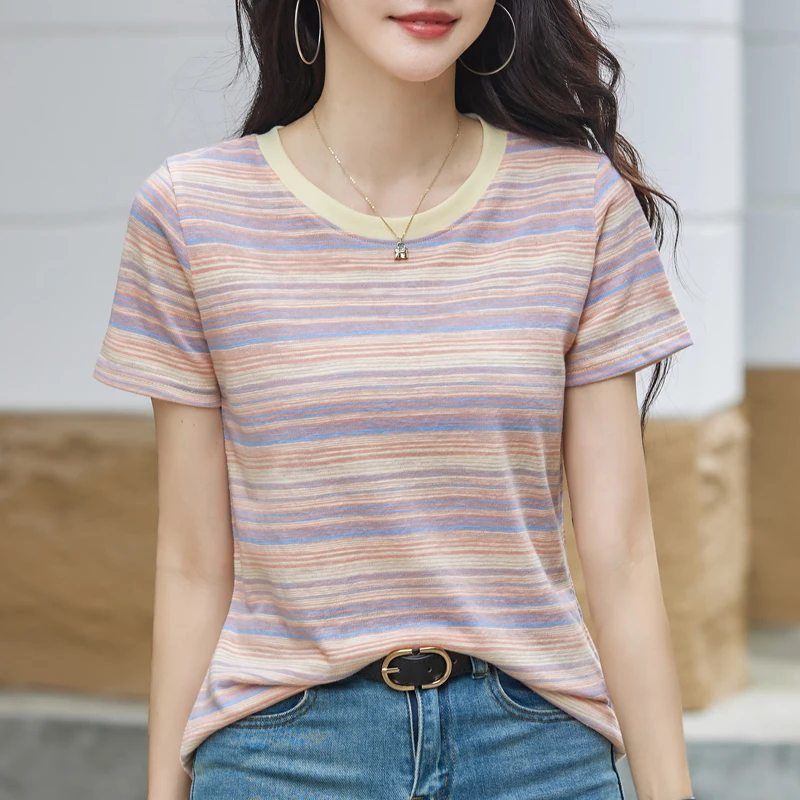 吸汗条纹圆领短袖小清新显瘦T恤半袖宽松森系迷彩风女士短袖
