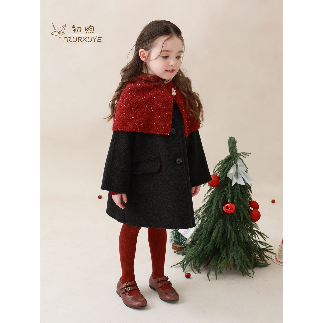 初煦 女童100%羊毛手工双面呢大衣25冬季新款高端气质中长款外套
