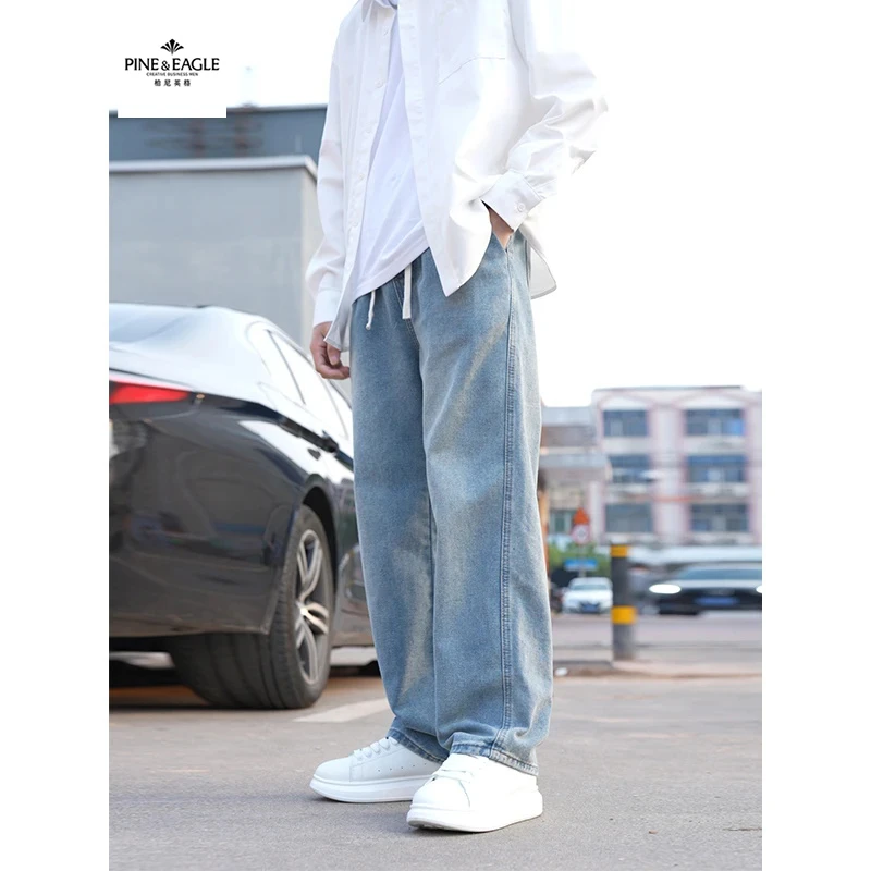 【时尚起易】春季休闲直筒浅色牛仔裤显瘦宽松百搭复古水洗长裤男士