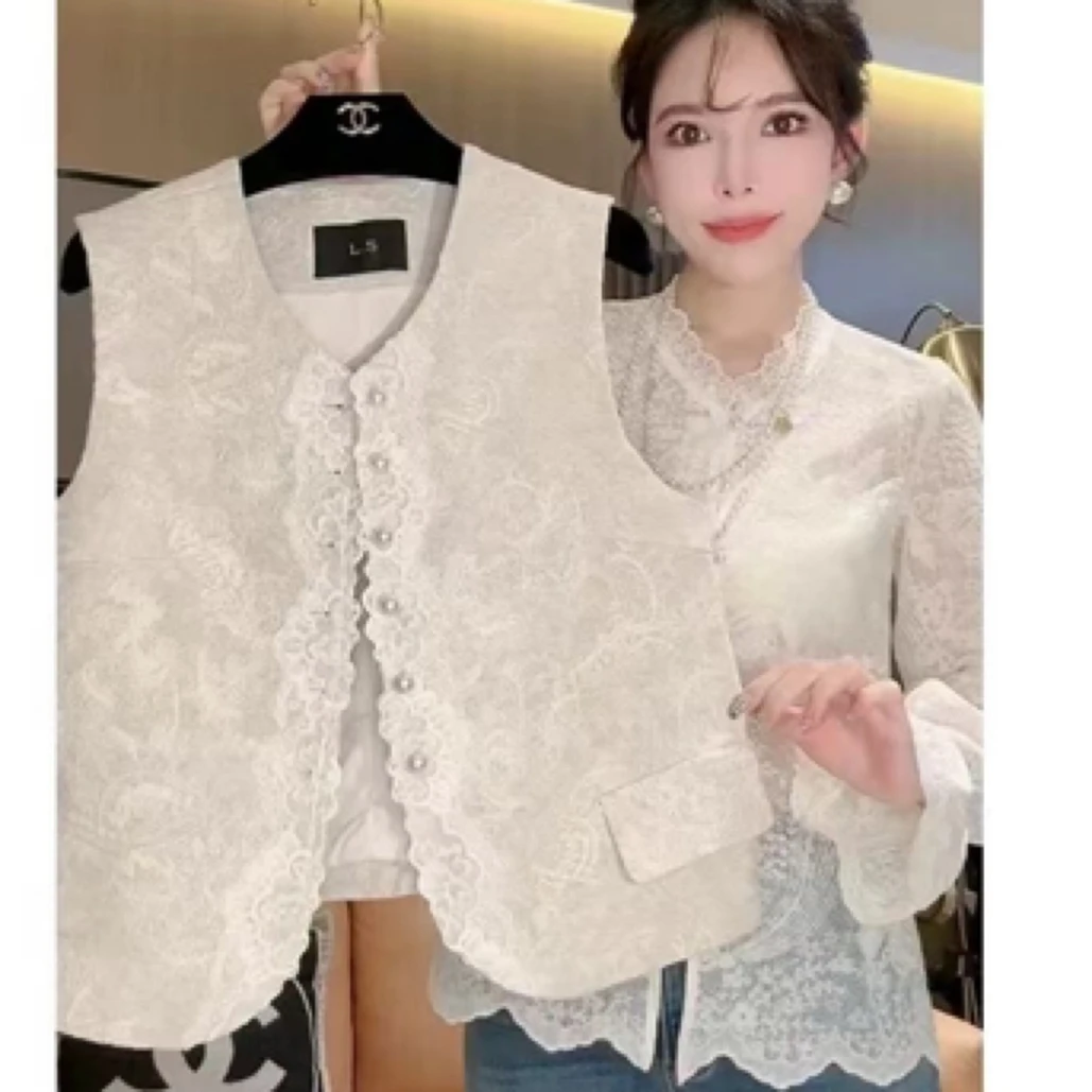 大码新中式复古国风盘扣2025提花马甲新款无袖外套时尚蕾丝新中式
