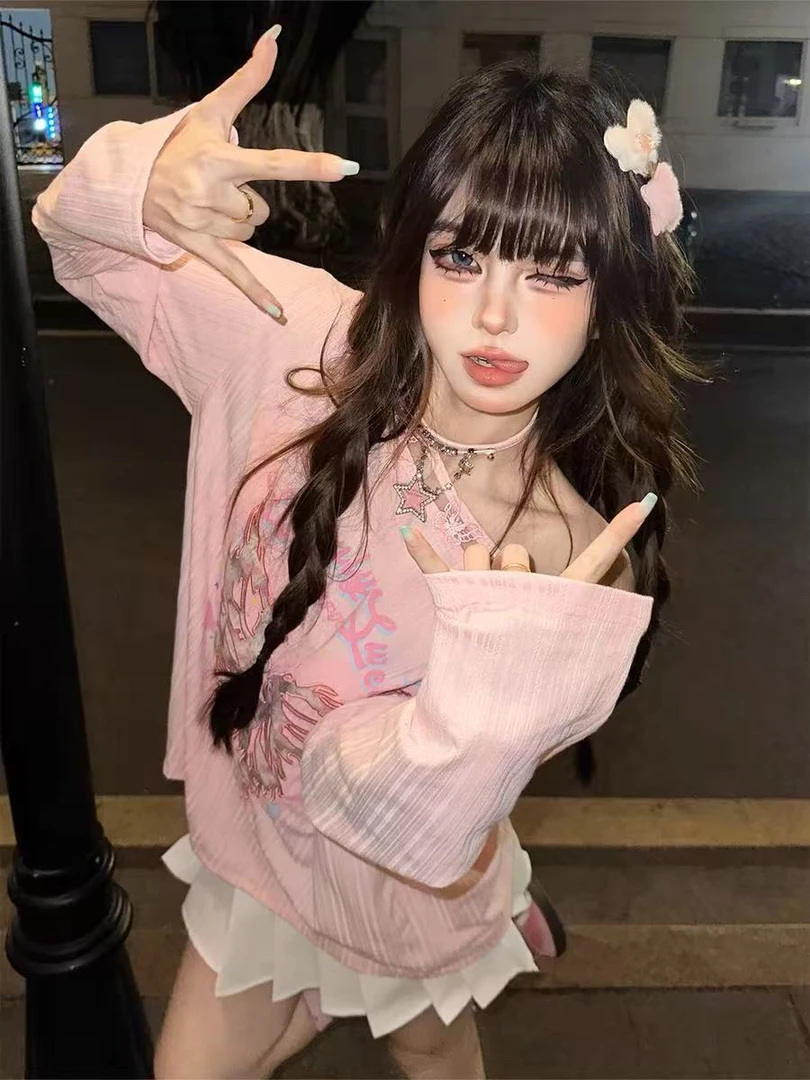 元元子专属失忆蝴蝶 斜肩甜美刺绣T恤女夏季宽松长袖显瘦粉色上衣