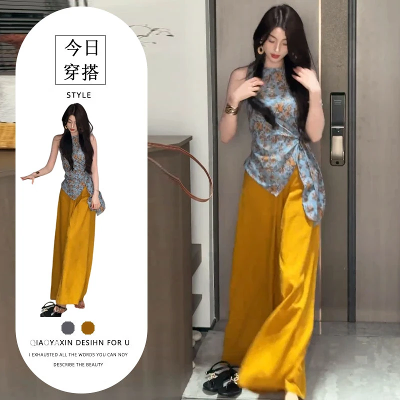 2025新中式国风复古不规则碎花减龄无袖上衣搭配宽松阔腿裤套装女