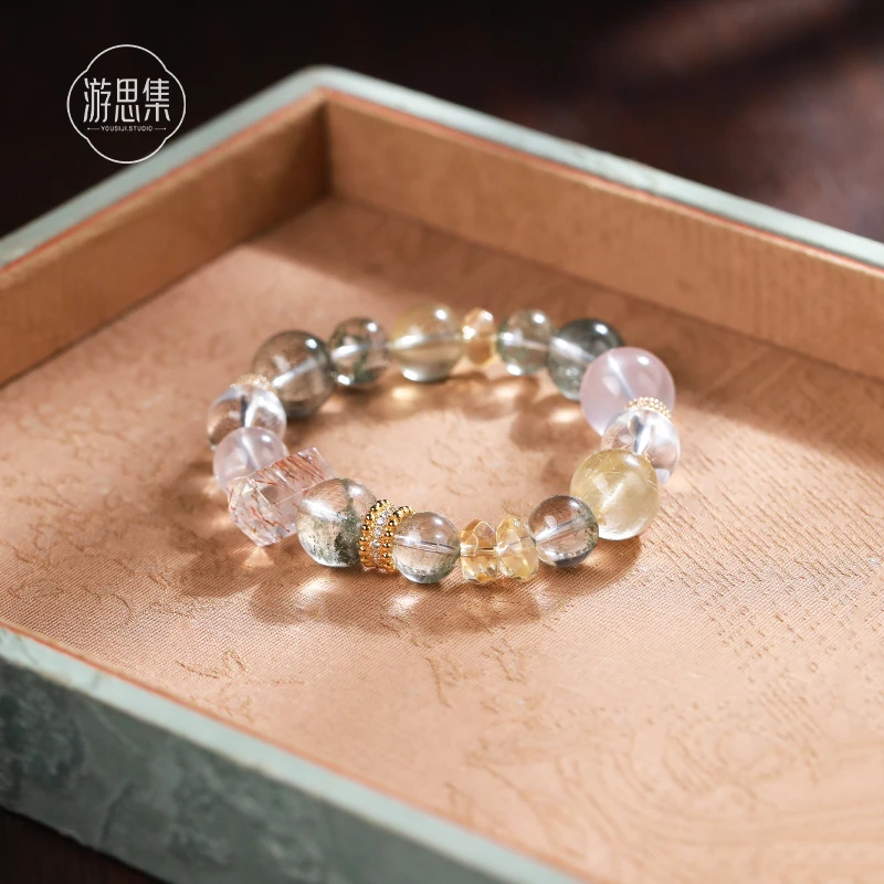 游思集【净晚思手串】绿幽灵黄水晶星光粉水晶金发晶黑金超七白水晶