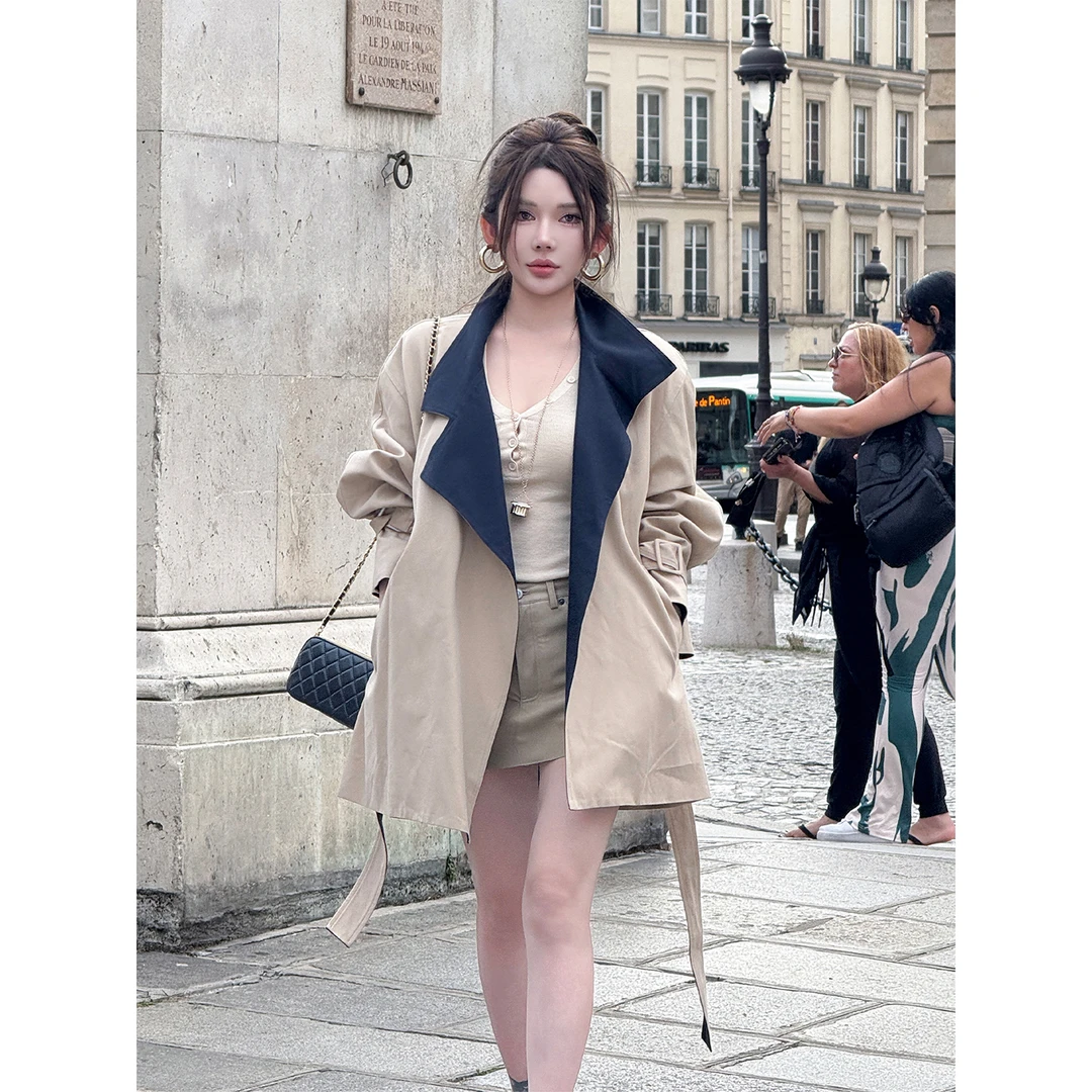 翻领风衣外套女款2025新款气质翻领大衣女长款