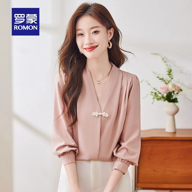 罗蒙女士V领长袖衬衫2025秋季新款百搭衬衣商务休闲舒适气质衬