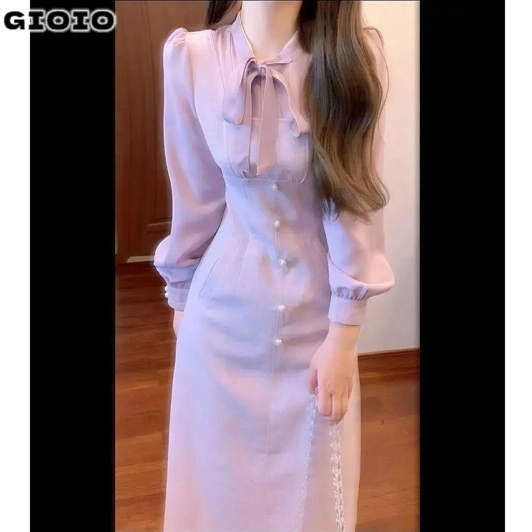 GIOIO复古法式温柔小香风紫色假两件连衣裙港风高级感秋装教资面