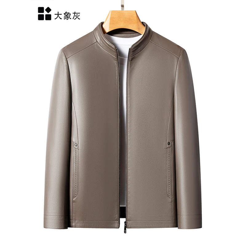海宁男士秋季新款中年商务休闲时尚薄款立领夹克高档真皮加绒