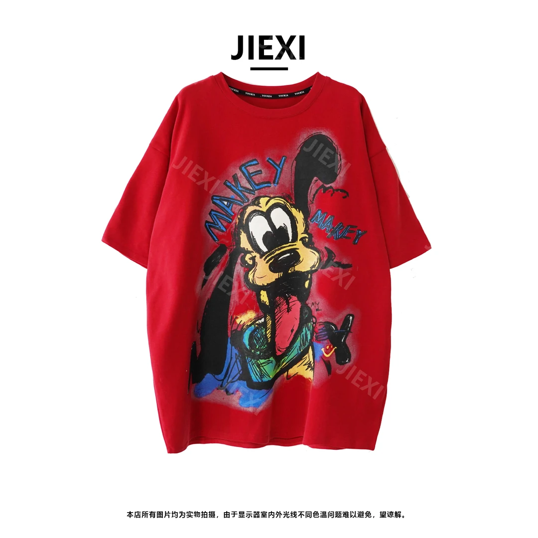 JIEXI显瘦大版型街头重工印花卡通宽松磨毛厚款短袖T恤jx3612