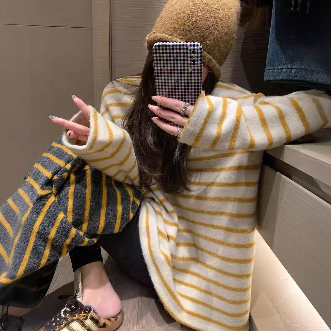 慵懒松弛感条纹大码T恤女秋冬高级感内搭打底衫入秋穿搭磨毛上衣