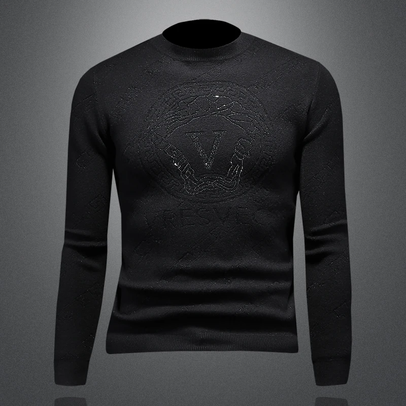 欧洲站潮牌男士长袖毛衣秋冬季新款修身提花半高领休闲打底针织衫