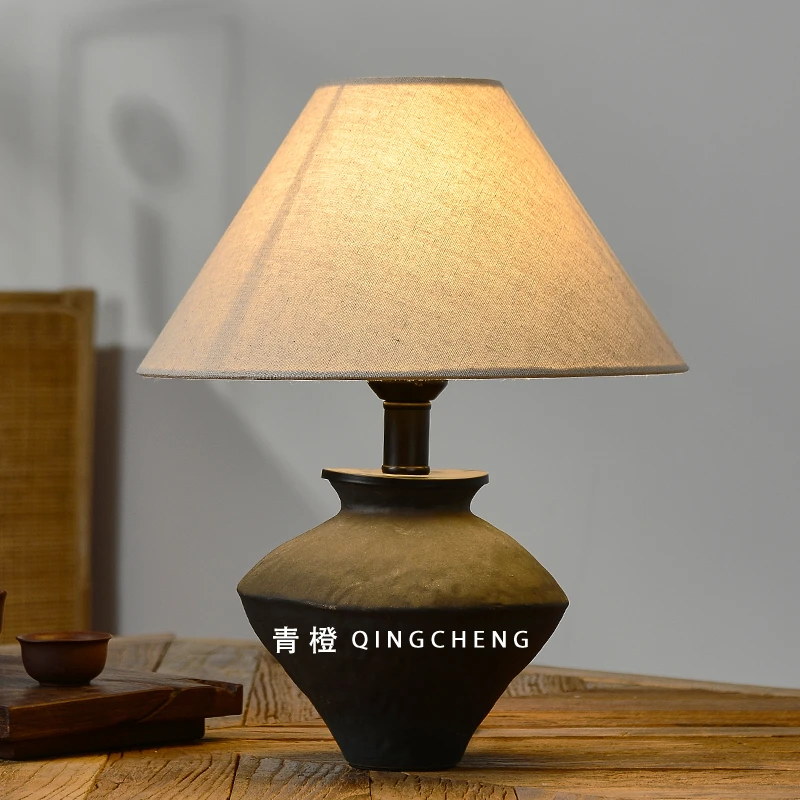 新中式台灯卧室床头灯客厅桌面陶罐日式侘寂风禅意茶桌复古小台灯