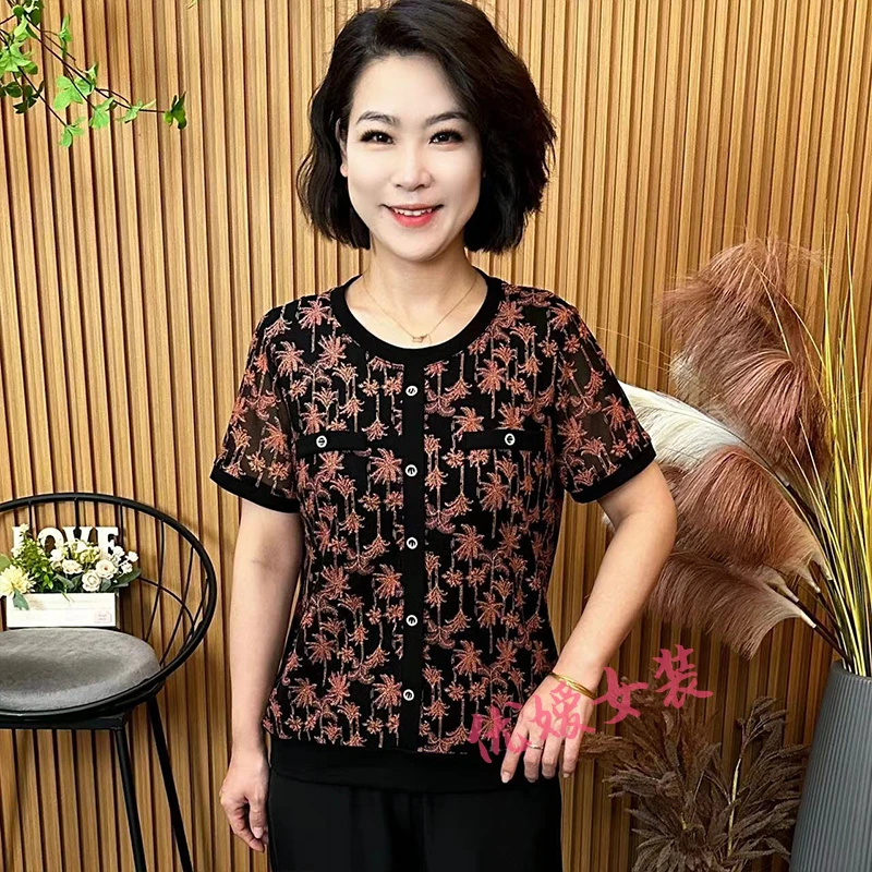 妈妈装夏季新款圆领弹力网纱显瘦遮肚中老年女装短袖上衣 A6829