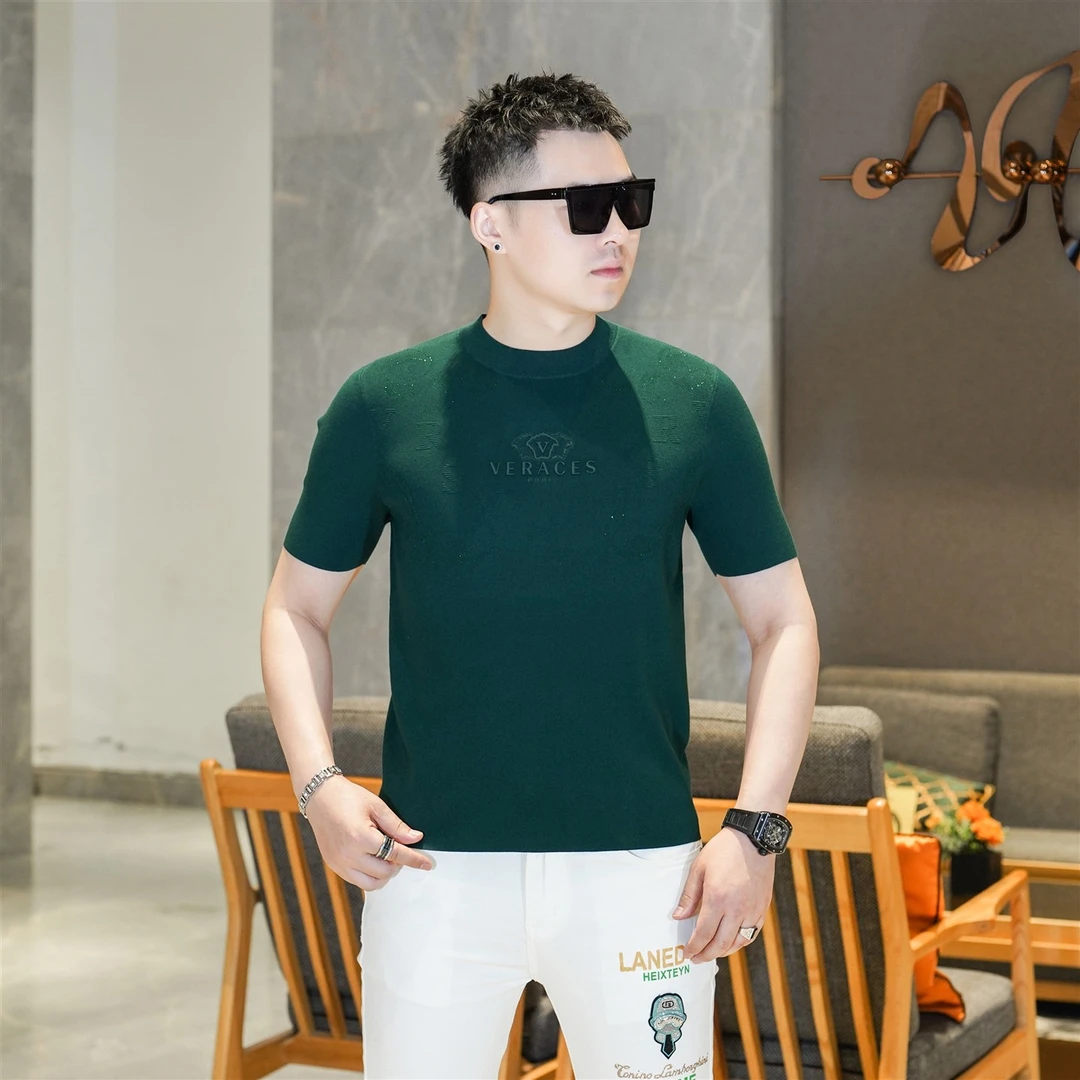 2025秋季新品高端欧货荷叶绿色烫钻圆领针织半袖打底衫潮男GL8815