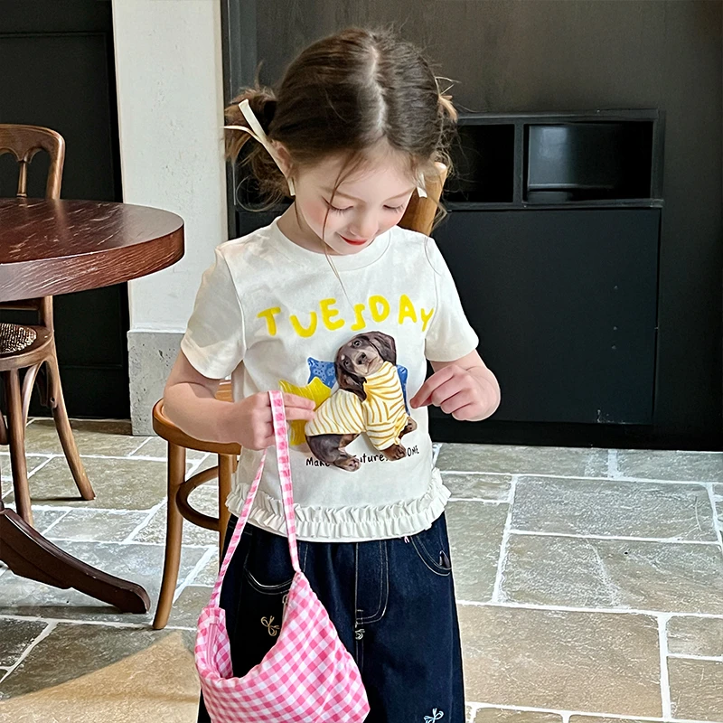 栀了成长记童装女童白色小狗短袖T恤夏季儿牛仔裤宝百搭体恤上衣