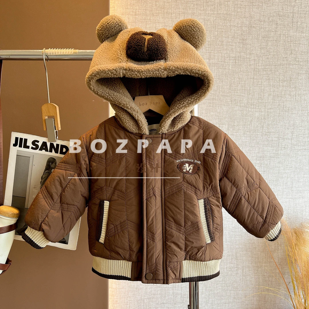 【焦糖萌熊】2025冬季新款韩系休闲棉服毛茸茸小熊帽子夹棉外套