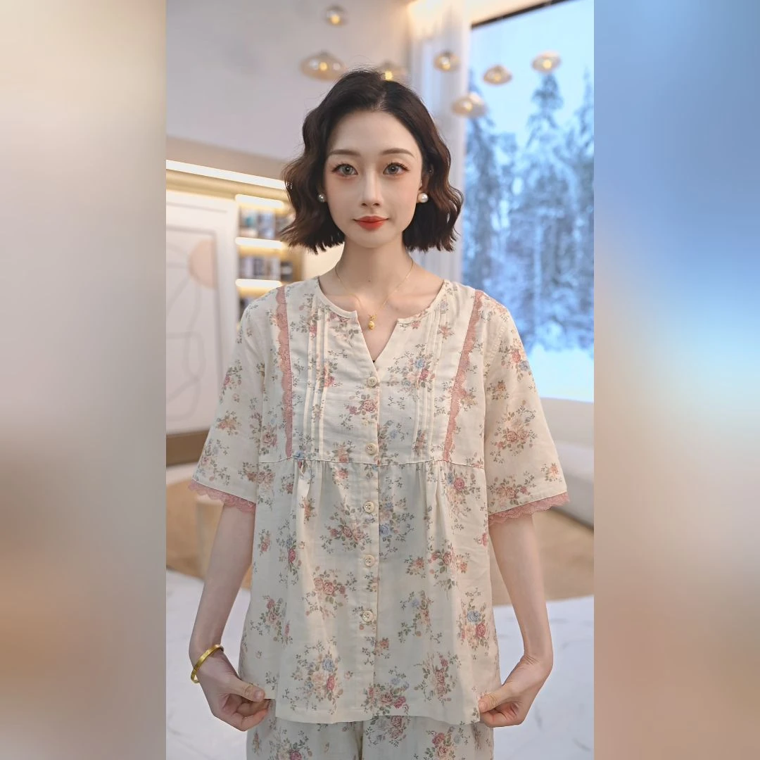 秋鹿双层纱印花小V领五分袖九分裤女套夏季薄款宽松