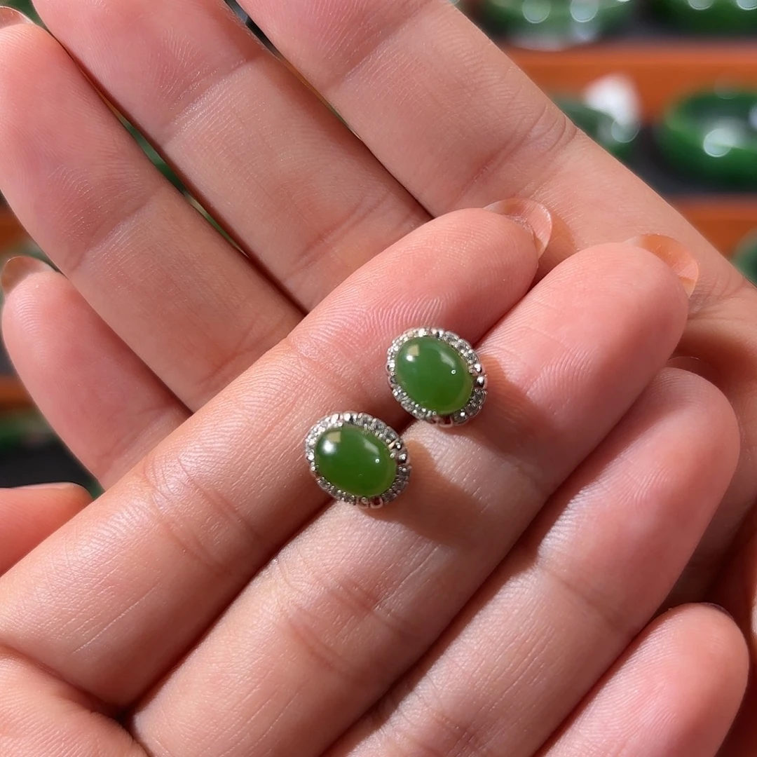 和田玉（碧玉）银S925镶嵌耳饰
