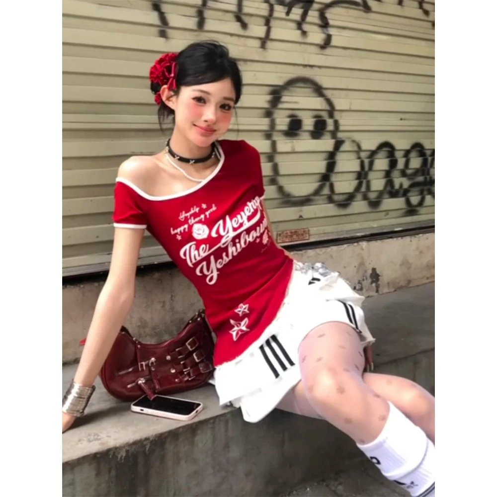 【运补6】美式辣妹运动风斜肩短袖t恤女2025夏季修身显瘦不规则露