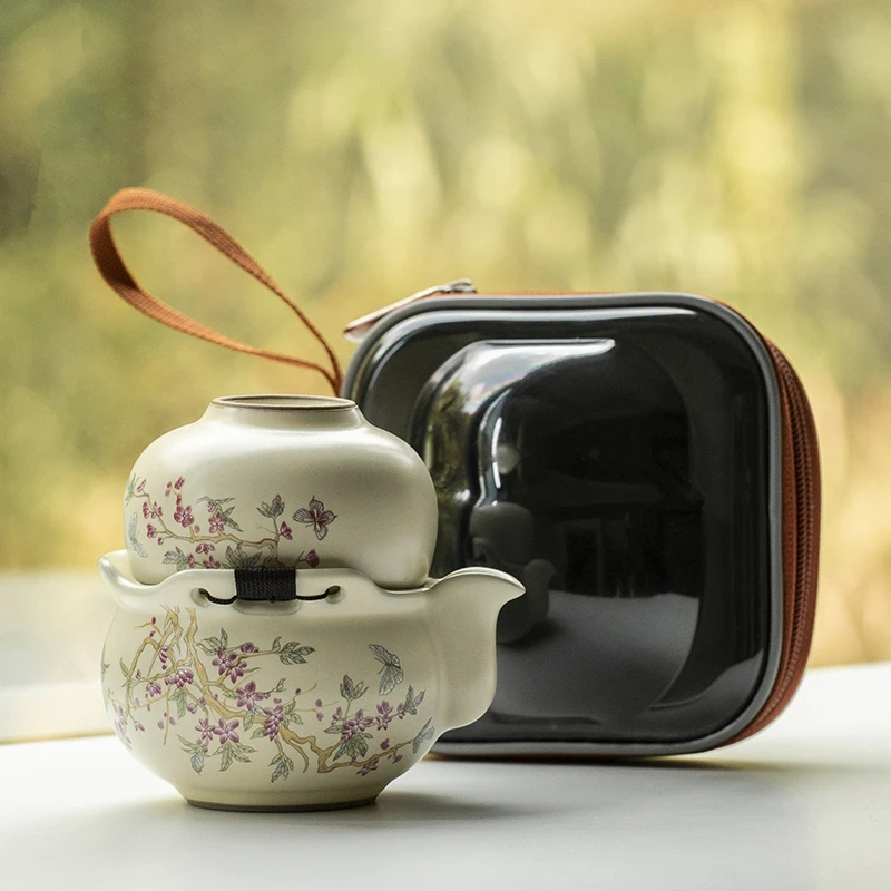汝窑紫藤花旅行茶具女快客杯带便携式收纳包一壶一杯个人专用户外