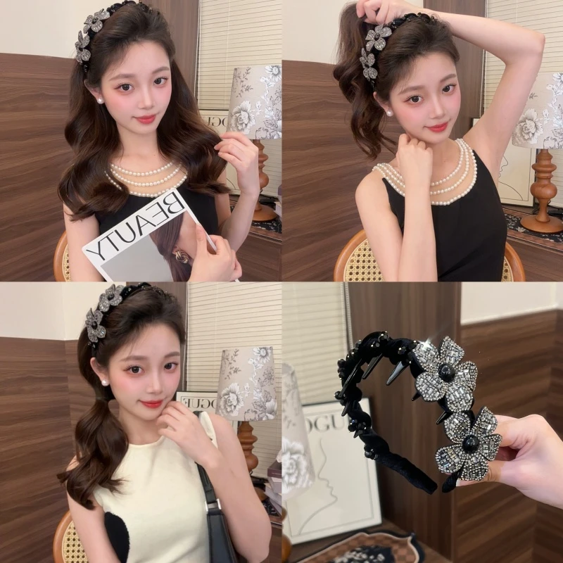 新款丝绒水钻花朵发箍高级感百搭头箍高颅顶日常发卡复古发饰