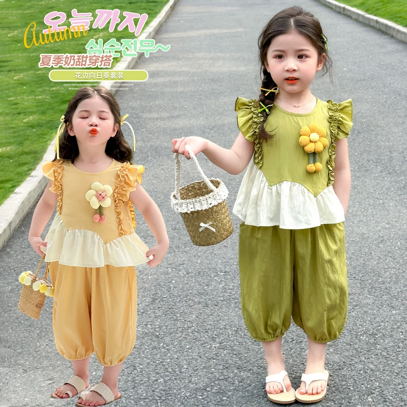 女童花朵套装洋气儿童夏季2025新款女宝宝防蚊裤两件套小女孩爆款