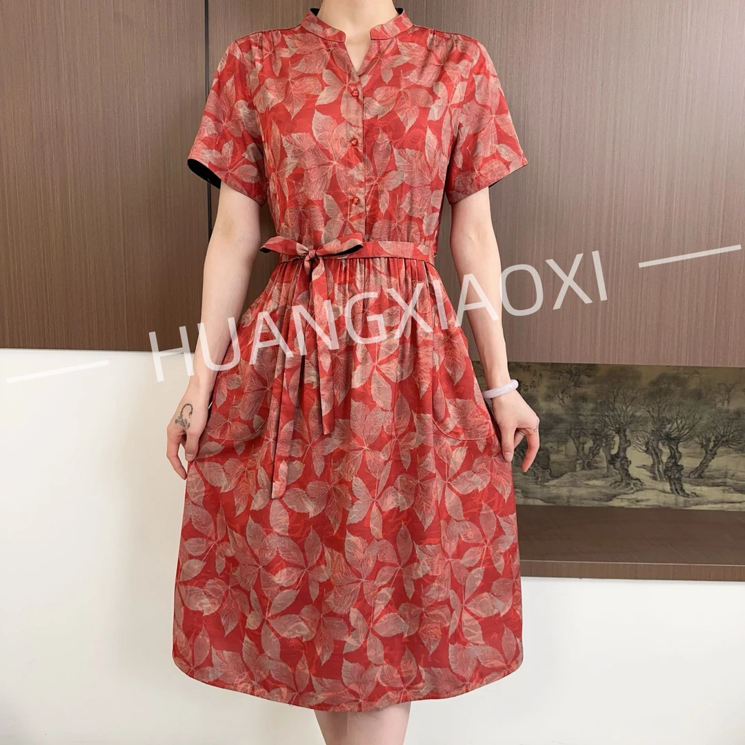 HUANGXIAOXI 胭脂红枫叶黑底抽象玫瑰单层双面双穿连衣裙ZF-259