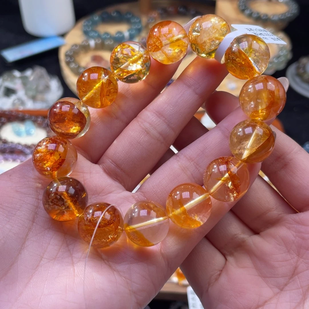 水晶手串未镶嵌威士忌黄胶花